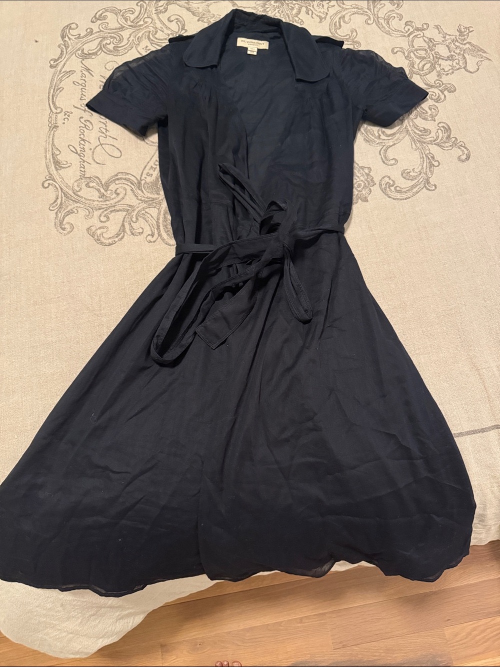 Burberry Navy Sheer-Sleeve Wrap Midi Dress